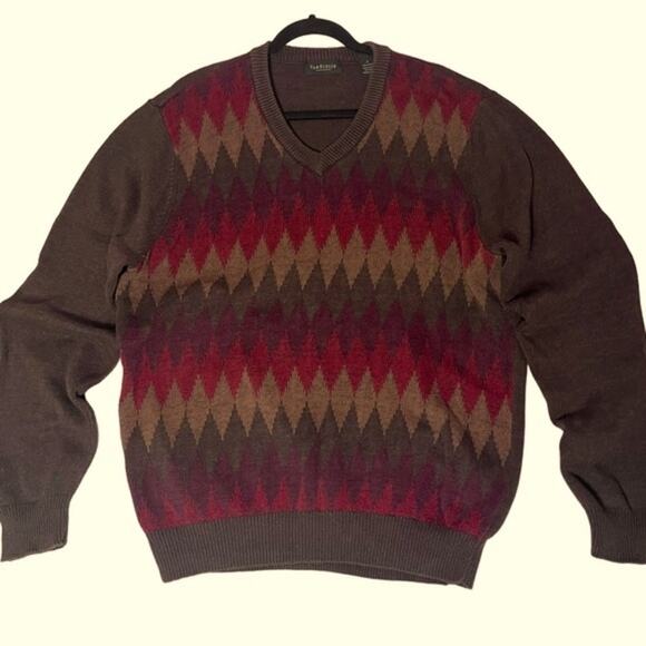 Vintage Y2K Dad Sweater Men’s Large Geometric Fall Neutral Earth Tones Argyle - Picture 1 of 8